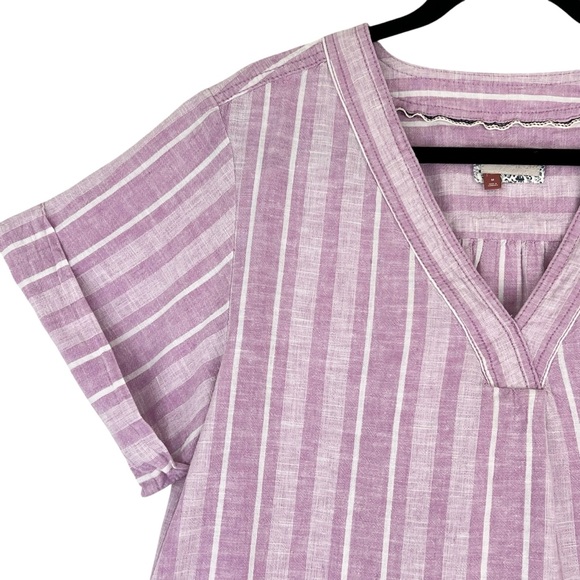Pilcro Anthropologie Linen Henley Surf Shirt Top Sz M Lavender Striped - Picture 5 of 13